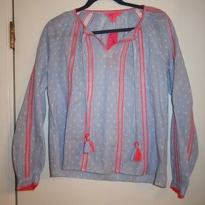 Lilly Pulitzer Light Blue Blouse with Pink Tassels
